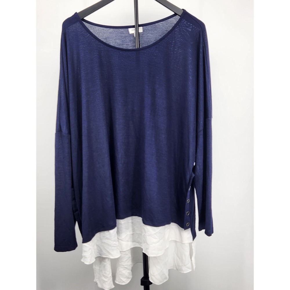 Avenue Navy Blue Layered Look Knit Top White Chiffon Hem Plus Size 26/28